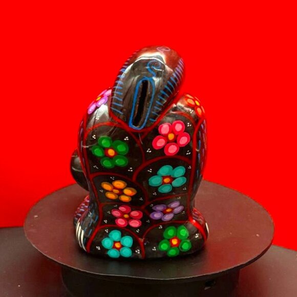 Vintage Talavera Hand Painted Mexican Folk Art Red Clay Ceramic Kitty Cat Bank - Picture 6 of 12